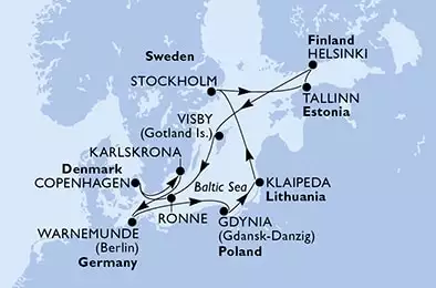 Warnemunde,Gdynia,Klaipeda,Stockholm,Tallinn,Helsinki,Visby,Ronne,Copenhagen,Karlskrona,Warnemunde