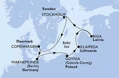 MSC POESIA - útvonalterv 7 éjszaka indulás Warnemunde,Germany kelt 25/05/2025 - Warnemunde,Gdynia,Klaipeda,Riga,Stockholm,Copenhagen,Warnemunde