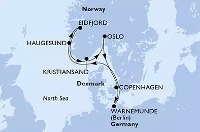 Warnemunde,Haugesund,Eidfjord,Kristiansand,Oslo,Copenhagen,Warnemunde