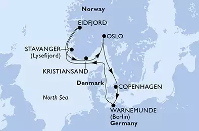 MSC POESIA - útvonalterv 7 éjszaka indulás Copenhagen, Denmark kelt 17/05/2025 - Copenhagen,Warnemunde,Stavanger,Eidfjord,Kristiansand,Oslo,Copenhagen