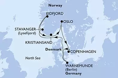 Copenhagen,Warnemunde,Stavanger,Eidfjord,Kristiansand,Oslo,Copenhagen