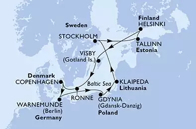 Copenhagen,Warnemunde,Gdynia,Klaipeda,Stockholm,Tallinn,Helsinki,Visby,Ronne,Copenhagen