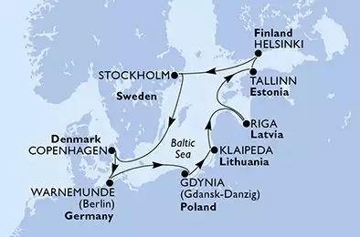 Copenhagen,Warnemunde,Gdynia,Klaipeda,Riga,Tallinn,Helsinki,Stockholm,Stockholm,Copenhagen