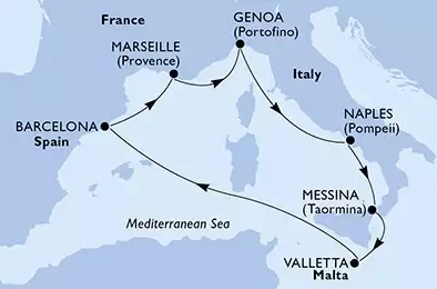 MSC WORLD EUROPA - útvonalterv 7 éjszaka indulás Genoa, Italy kelt 20/04/2025 - Italy,Malta,Spain,France