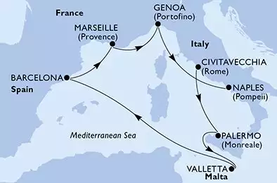 Civitavecchia,Palermo,Valletta,Barcelona,Marseille,Genoa,Naples