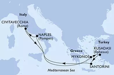 MSC DIVINA - útvonalterv 7 éjszaka indulás Naples, Italy kelt 03/07/2025 - Naples,Civitavecchia,Mykonos,Kusadasi,Santorini,Naples