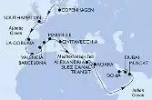 Copenhagen,Southampton,La Coruna,Valencia,Barcelona,Marseille,Civitavecchia,Alexandria,Suez Canal North,Suez Canal South,Aqaba,Muscat,Doha,Dubai