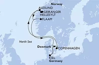 Copenhagen,Hellesylt,Geiranger,Alesund,Flaam,Kiel,Copenhagen