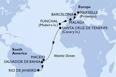 Marseille,Barcelona,Malaga,Funchal,Santa Cruz de Tenerife,Maceio,Salvador,Rio de Janeiro