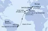 Marseille,Barcelona,Malaga,Funchal,Santa Cruz de Tenerife,Maceio,Salvador