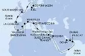 Kiel,Copenhagen,Southampton,La Coruna,Valencia,Barcelona,Marseille,Civitavecchia,Alexandria,Suez Canal North,Suez Canal South,Aqaba,Muscat,Doha,Dubai,Doha