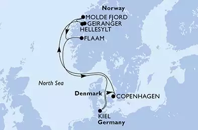 MSC EURIBIA - útvonalterv 7 éjszaka indulás Copenhagen, Denmark kelt 20/07/2025 - Denmark,Norway,Germany