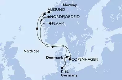 MSC EURIBIA - útvonalterv 7 éjszaka indulás Copenhagen, Denmark kelt 13/07/2025 - Denmark,Norway,Germany