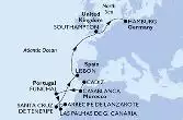 Cadiz,Casablanca,Funchal,Las Palmas de G.Canaria,Arrecife de Lanzarote,Santa Cruz de Tenerife,Lisbon,Southampton,Hamburg