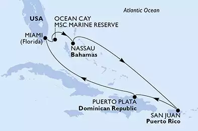 MSC SEASCAPE - útvonalterv 7 éjszaka indulás Miami, United States kelt 20/04/2025 - United States,Bahamas,Puerto Rico,Dominican Republic
