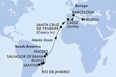 Santos,Rio de Janeiro,Buzios,Salvador,Maceio,Santa Cruz de Tenerife,Cadiz,Barcelona,Messina
