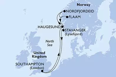 MSC VIRTUOSA - útvonalterv 7 éjszaka indulás Southampton,United Kingdom kelt 17/05/2025 - United Kingdom,Norway
