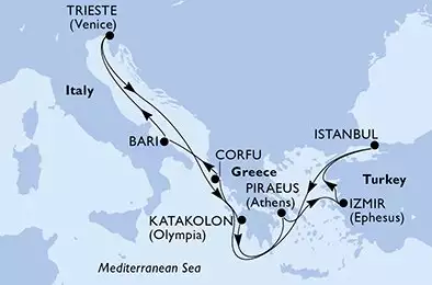 MSC FANTASIA - útvonalterv 9 éjszaka indulás Istanbul, Turkey kelt 25/05/2025 - Turkey,Greece,Italy
