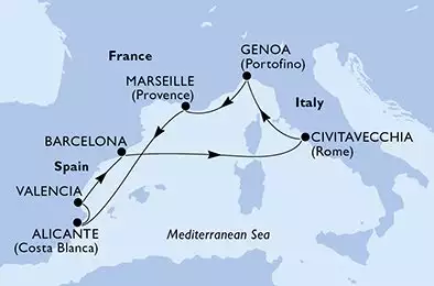 Marseille,Alicante,Valencia,Barcelona,Civitavecchia,Genoa,Marseille