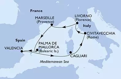 MSC LIRICA - útvonalterv 7 éjszaka indulás Civitavecchia, Italy kelt 10/12/2024 - Civitavecchia,Livorno,Marseille,Palma de Mallorca,Valencia,Cagliari,Civitavecchia