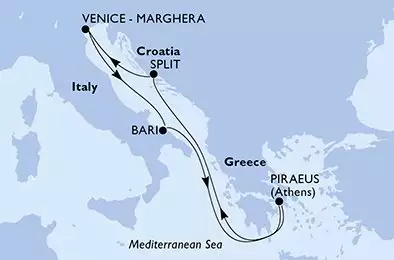 MSC SINFONIA - útvonalterv 6 éjszaka indulás Piraeus Greece kelt 07/11/2024 - Piraeus,Split,Venice-Marghera,Bari,Piraeus
