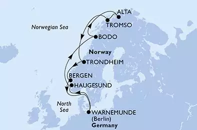 Warnemunde,Haugesund,Bodo,Alta,Tromso,Trondheim,Bergen,Warnemunde