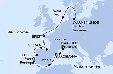 Warnemunde,Brest,Bilbao,Leixoes,Barcelona,Marseille