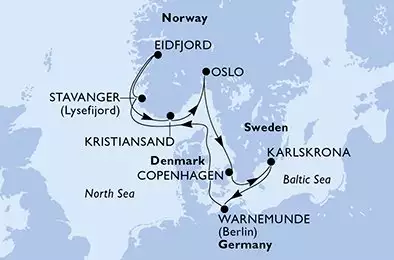 Copenhagen,Karlskrona,Warnemunde,Stavanger,Eidfjord,Kristiansand,Oslo,Copenhagen