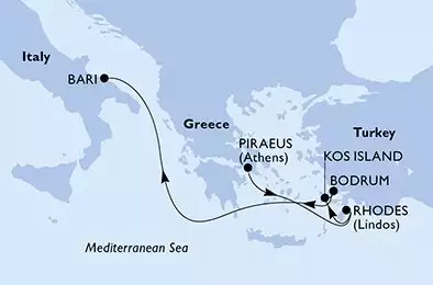 Piraeus,Rhodes,Kos Island,Bodrum,Bari