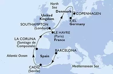 Barcelona,Cadiz,La Coruna,Le Havre,Southampton,Kiel,Copenhagen