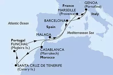 MSC POESIA - útvonalterv 11 éjszaka indulás Genoa Italy kelt 22/10/2024 - Italy,Spain,Morocco,Portugal,France