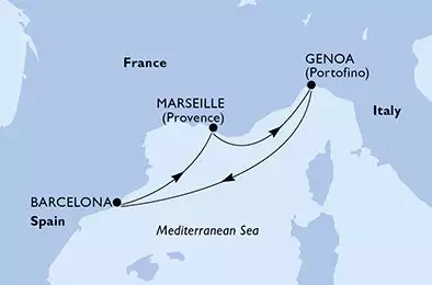 MSC FANTASIA - útvonalterv 4 éjszaka indulás Marseille France kelt 20/04/2025 - France,Italy,Spain