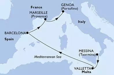 MSC WORLD EUROPA - útvonalterv 5 éjszaka indulás Messina Italy kelt 08/04/2025 - Italy,Malta,Spain,France