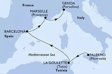 MSC FANTASIA - útvonalterv 5 éjszaka indulás Palermo Italy kelt 09/04/2025 - Palermo,La Goulette,Barcelona,Marseille,Genoa