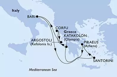 MSC SINFONIA - útvonalterv 7 éjszaka indulás Bari Italy kelt 12/07/2025 - Italy,Greece