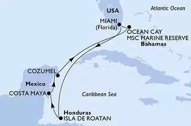 MSC WORLD AMERICA - útvonalterv 7 éjszaka indulás Miami United States kelt 20/06/2026 - Miami,Isla de Roatan,Costa Maya,Cozumel,Ocean Cay,Miami