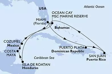 MSC WORLD AMERICA - útvonalterv 14 éjszaka indulás Miami United States kelt 16/01/2027 - Miami,Isla de Roatan,Costa Maya,Cozumel,Ocean Cay,Miami,Puerto Plata,San Juan,Ocean Cay,Miami