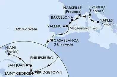 MSC SEASIDE - útvonalterv 22 éjszaka indulás Naples Italy kelt 25/10/2025 - Naples,Livorno,Marseille,Barcelona,Valencia,Casablanca,Bridgetown,Saint George,Philipsburg,San Juan,Miami