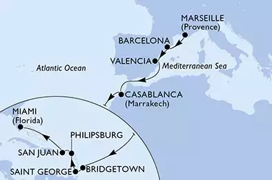 MSC SEASIDE - útvonalterv 20 éjszaka indulás Marseille France kelt 27/10/2025 - Marseille,Barcelona,Valencia,Casablanca,Bridgetown,Saint George,Philipsburg,San Juan,Miami