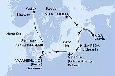 MSC POESIA - útvonalterv 6 éjszaka indulás Oslo Norway kelt 25/07/2025 - Oslo,Copenhagen,Warnemunde,Gdynia,Klaipeda,Riga,Stockholm
