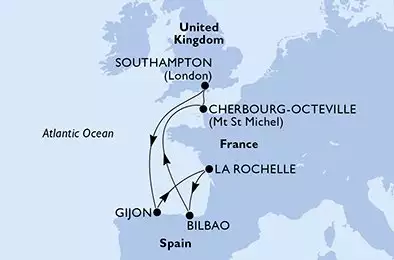 MSC VIRTUOSA - útvonalterv 7 éjszaka indulás SouthamptonUnited Kingdom kelt 06/09/2025 - United Kingdom,Spain,France