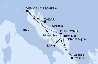 MSC OPERA - útvonalterv 7 éjszaka indulás Venice-Marghera Italy kelt 18/05/2025 - Italy,Croatia,Greece,Montenegro