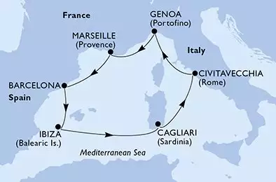 MSC ORCHESTRA  - útvonalterv 7 éjszaka indulás Genoa Italy kelt 22/07/2025 - Italy,France,Spain