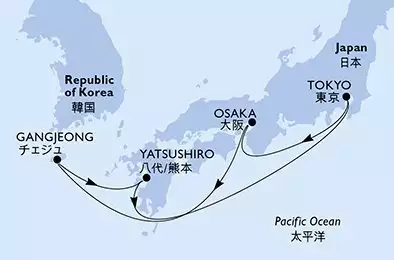 MSC BELLISSIMA - útvonalterv 7 éjszaka indulás Tokyo Japan kelt 13/10/2025 - Tokyo,Osaka,Gangjeong,Yatsushiro,Tokyo