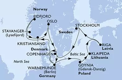 MSC POESIA - útvonalterv 14 éjszaka indulás WarnemundeGermany kelt 27/07/2025 - Warnemunde,Gdynia,Klaipeda,Riga,Stockholm,Copenhagen,Warnemunde,Stavanger,Eidfjord,Kristiansand,Oslo,Copenhagen,Warnemunde