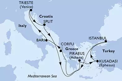 MSC SPLENDIDA - útvonalterv 9 éjszaka indulás Bari Italy kelt 07/11/2024 - Bari,Trieste,Split,Piraeus,Kusadasi,Istanbul,Corfu,Bari