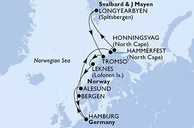 MSC PREZIOSA - útvonalterv 14 éjszaka indulás HamburgGermany kelt 20/06/2025 - Germany,Norway,Svalbard and Jan Mayen Islands