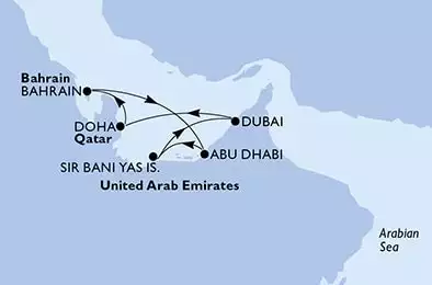 MSC EURIBIA - útvonalterv 7 éjszaka indulás Abu DhabiU.Arab Emirates kelt 03/12/2025 - Abu Dhabi,Sir Bani Yas,Dubai,Dubai,Doha,Bahrain,Abu Dhabi