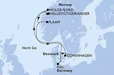 MSC EURIBIA - útvonalterv 7 éjszaka indulás Kiel Germany kelt 29/08/2026 - Germany,Denmark,Norway