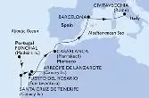 Funchal,Santa Cruz de Tenerife,Arrecife de Lanzarote,Puerto del Rosario,Casablanca,Barcelona,Civitavecchia